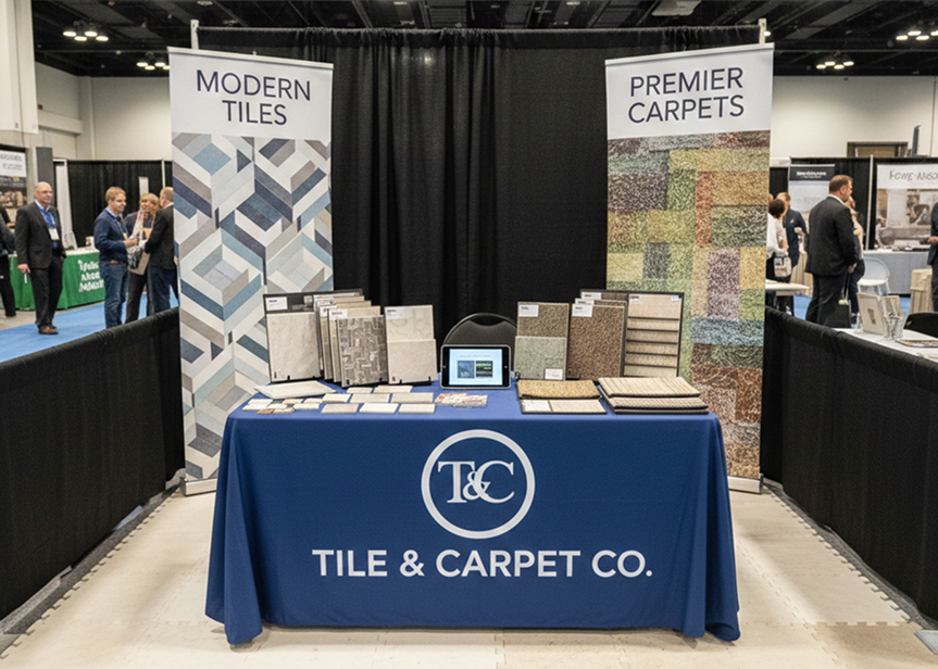 Professional trade show display booth with custom banners and graphics showcasing effective business branding